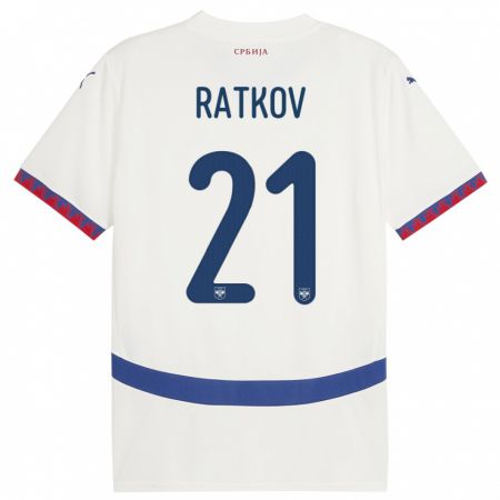 Kandiny Enfant Maillot Serbie Petar Ratkov #21 Blanc Tenues Extérieur 24-26 T-Shirt