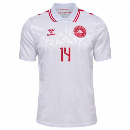 Kandiny Enfant Maillot Danemark Mikkel Damsgaard #14 Blanc Tenues Extérieur 24-26 T-Shirt