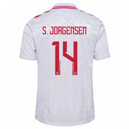 Kandiny Enfant Maillot Danemark Sebastian Jorgensen #14 Blanc Tenues Extérieur 24-26 T-Shirt