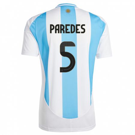 Kandiny Homme Maillot Argentine Leandro Paredes #5 Blanc Bleu Tenues Domicile 24-26 T-Shirt