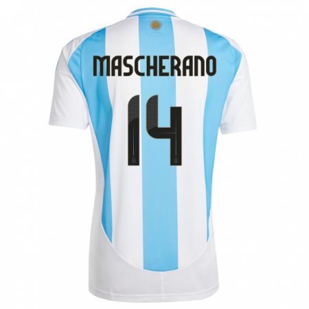 Kandiny Homme Maillot Argentine Javier Mascherano #14 Blanc Bleu Tenues Domicile 24-26 T-Shirt
