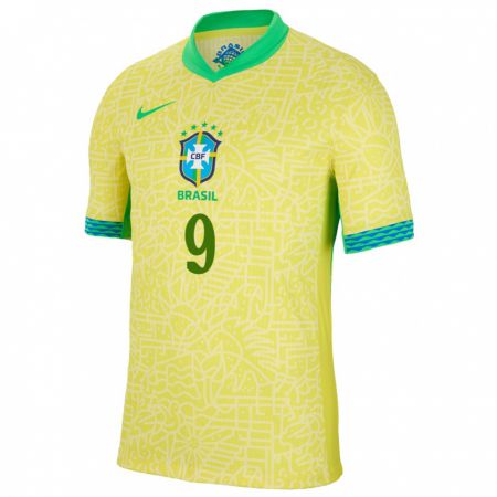 Kandiny Homme Maillot Brésil Endrick #9 Jaune Tenues Domicile 24-26 T-Shirt