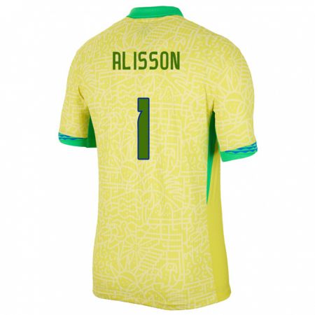 Kandiny Homme Maillot Brésil Alisson #1 Jaune Tenues Domicile 24-26 T-Shirt