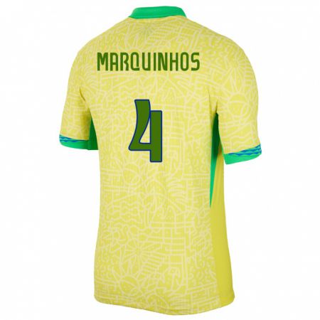 Kandiny Homme Maillot Brésil Marquinhos #4 Jaune Tenues Domicile 24-26 T-Shirt