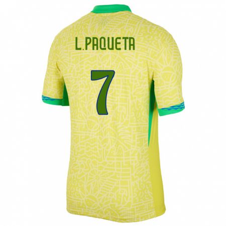 Kandiny Homme Maillot Brésil Lucas Paqueta #7 Jaune Tenues Domicile 24-26 T-Shirt