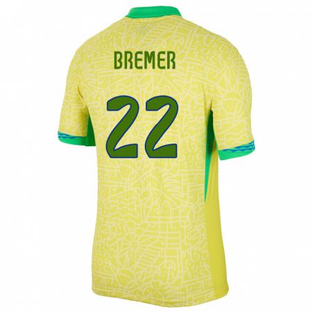 Kandiny Homme Maillot Brésil Bremer #22 Jaune Tenues Domicile 24-26 T-Shirt