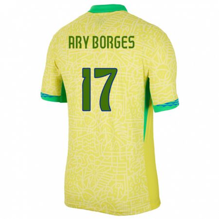 Kandiny Homme Maillot Brésil Ary Borges #17 Jaune Tenues Domicile 24-26 T-Shirt