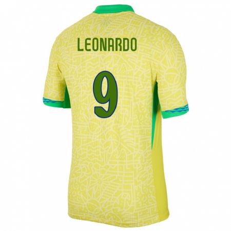 Kandiny Homme Maillot Brésil Marcos Leonardo #9 Jaune Tenues Domicile 24-26 T-Shirt