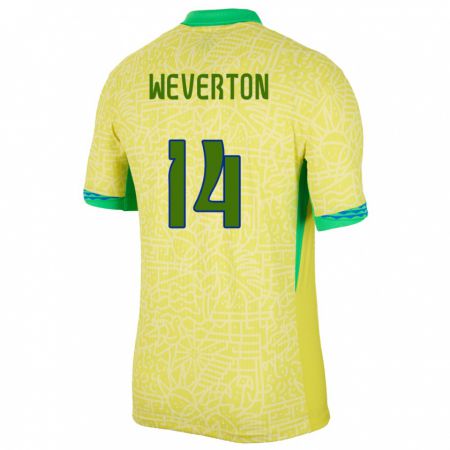Kandiny Homme Maillot Brésil Weverton #14 Jaune Tenues Domicile 24-26 T-Shirt