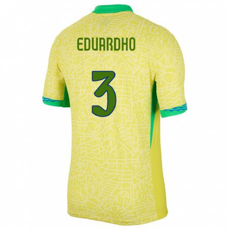 Kandiny Homme Maillot Brésil Eduardho #3 Jaune Tenues Domicile 24-26 T-Shirt