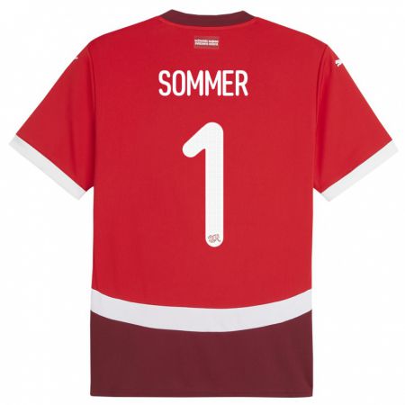 Kandiny Homme Maillot Suisse Yann Sommer #1 Rouge Tenues Domicile 24-26 T-Shirt