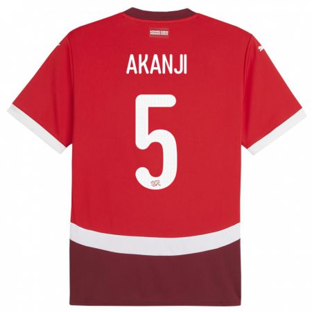 Kandiny Homme Maillot Suisse Manuel Akanji #5 Rouge Tenues Domicile 24-26 T-Shirt