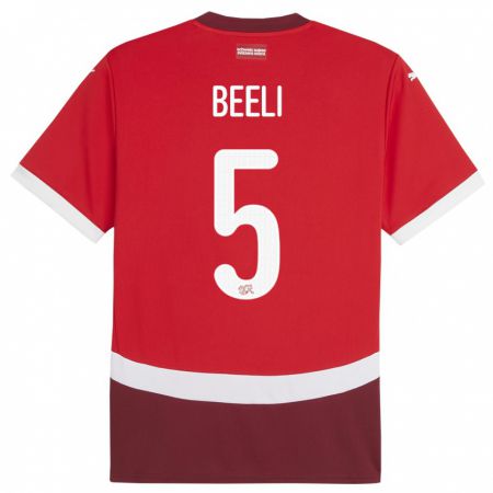 Kandiny Homme Maillot Suisse Mischa Beeli #5 Rouge Tenues Domicile 24-26 T-Shirt