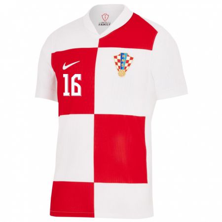Kandiny Homme Maillot Croatie Bruno Petkovic #16 Blanc Rouge Tenues Domicile 24-26 T-Shirt