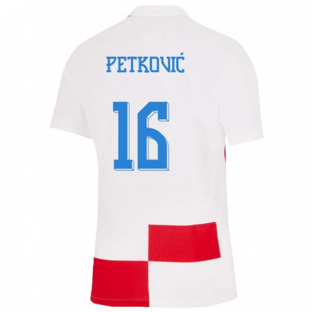 Kandiny Homme Maillot Croatie Bruno Petkovic #16 Blanc Rouge Tenues Domicile 24-26 T-Shirt