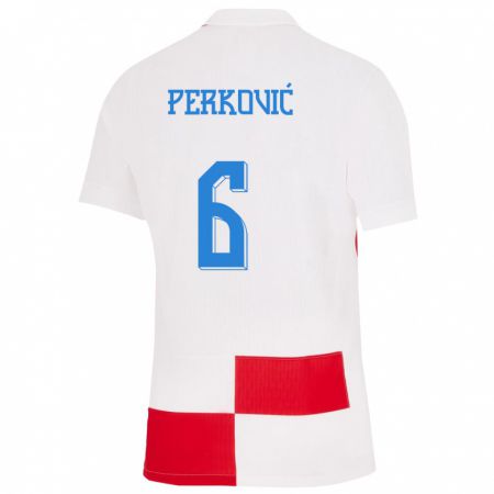 Kandiny Homme Maillot Croatie Mauro Perkovic #6 Blanc Rouge Tenues Domicile 24-26 T-Shirt