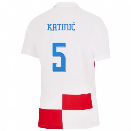 Kandiny Homme Maillot Croatie Maro Katinic #5 Blanc Rouge Tenues Domicile 24-26 T-Shirt