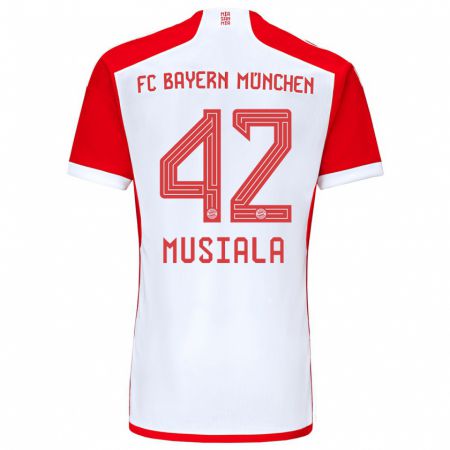 Kandiny Enfant Maillot Jamal Musiala #42 Rouge Blanc Tenues Domicile 2023/24 T-Shirt