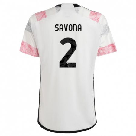 Kandiny Enfant Maillot Nicolò Savona #2 Blanc Rose Tenues Extérieur 2023/24 T-Shirt