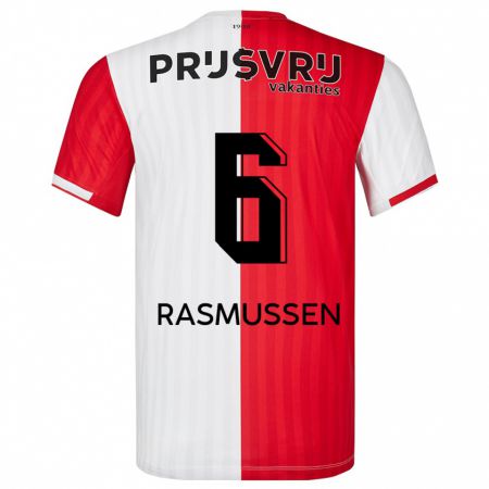 Kandiny Homme Maillot Jacob Rasmussen #6 Rouge Blanc Tenues Domicile 2023/24 T-Shirt