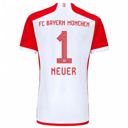 Kandiny Homme Maillot Manuel Neuer #1 Rouge Blanc Tenues Domicile 2023/24 T-Shirt