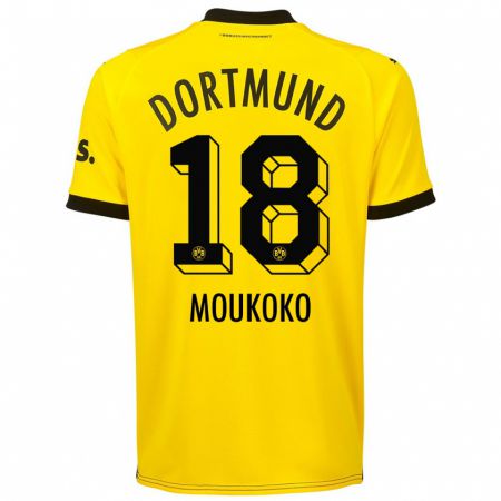 Kandiny Homme Maillot Youssoufa Moukoko #18 Jaune Tenues Domicile 2023/24 T-Shirt