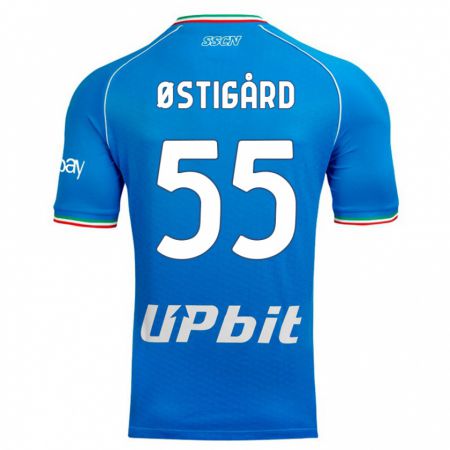 Kandiny Homme Maillot Leo Østigård #55 Bleu Ciel Tenues Domicile 2023/24 T-Shirt