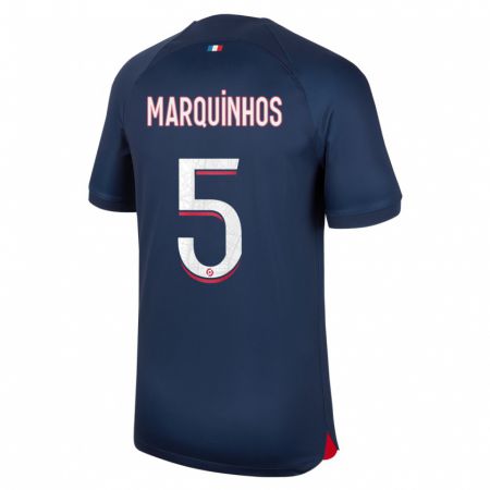 Kandiny Homme Maillot Marquinhos #5 Bleu Rouge Tenues Domicile 2023/24 T-Shirt