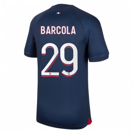 Kandiny Homme Maillot Bradley Barcola #29 Bleu Rouge Tenues Domicile 2023/24 T-Shirt