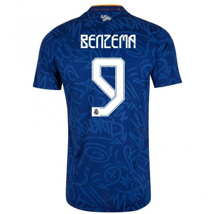 Enfant Football Maillot Karim Benzema #9 Bleu Foncé Tenues Extérieur 2021/22 T-Shirt