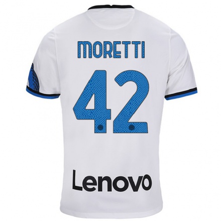 Enfant Football Maillot Lorenzo Moretti #42 Blanc Bleu Tenues Extérieur 2021/22 T-shirt